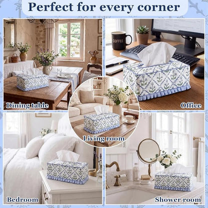 Ruffle Boho Fabric Tissue Box Cover, Handmade Rectangular Blue Green Print Floral Decorative Tissue Box Sleeve Grand Millennial Decor for Bathroom Vanity Home Office
