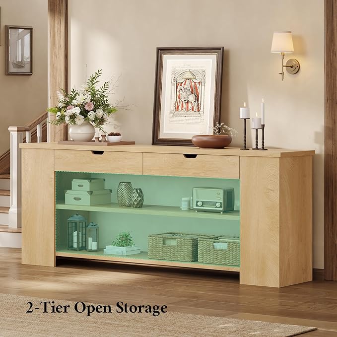 71.8" Extra Long Console Table, Farmhouse Entryway Table Behind Couch with Generous Storage and Built-in Outlet, Sturdy Sofa Table for Living Room, Entrance, Hallway, Foyer, Natural Wood