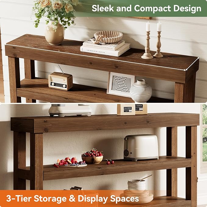 Solid Wood Entry Console Table, 63-Inch Narrow Sofa Table Behind The Couch, Entryway Furniture with Storage Shelves for Hallway Foyer Living Room, Dark Brown