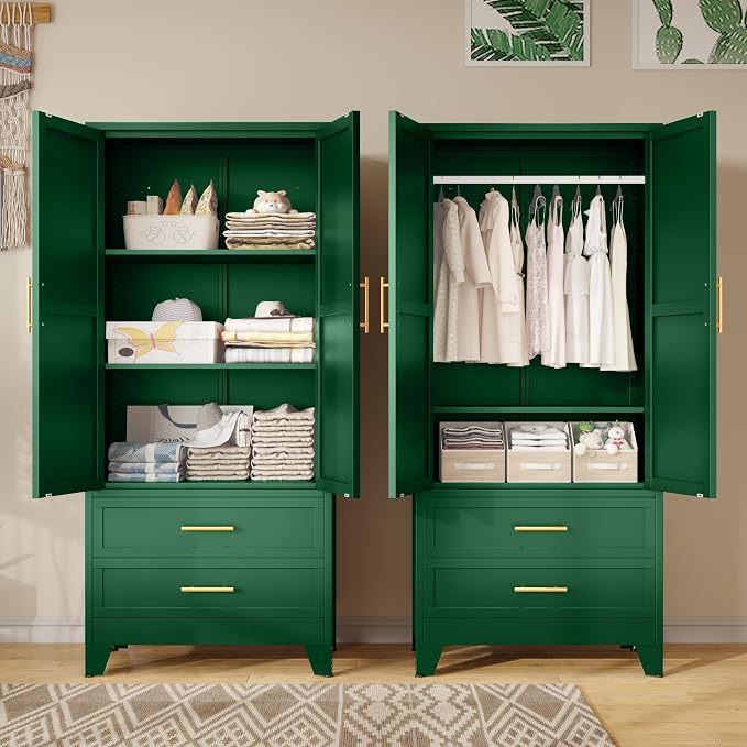 winiowa Metal Armoire Wardrobe Closet with 2 Drawers, 71" Wardrobe Cabinet with Adjustable Shelves and Hanging Rod, Clothing Storage Cabinet Closet for Bedroom-Green