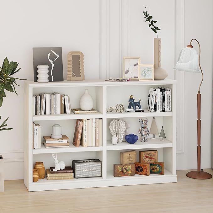 blini Low Horizontal Bookshelf White Bookcase Double Wide 64" 3-Tier Book Shelf 6 Cube Storage Organizer Wooden Bookcases for Bedroom and Home Office Decor Display