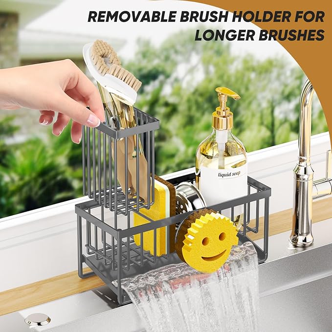 Taugast Sponge Holder for Kitchen Sink,Smiley Face Sink Caddy with Removable Brush Holder,Self-Draining Sponge Caddy for Soap,Dish Brush,Scrubber,Kitchen Essentials and Gadgets-Charcoal Gray