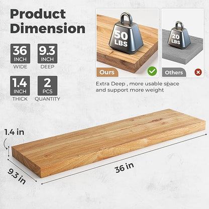 RICHFOCUS Elm Floating Shelves for Wall - 36" W x 9.3" D Rustic Solid Wood Shelves with Invisible Bracket, Wall-Mounted for Living Room, Bedroom, Kitchen Storage & Display, Set of 2, Natural