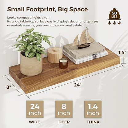 Dreamland 24 Inch Floating Shelves, Rustic Elm Wood Wall Shelf for Home Decor, 8 Inch Deep Floating Shelf for Wall, 24 x 8 Bathroom Shelves Set of 2, Natural Color
