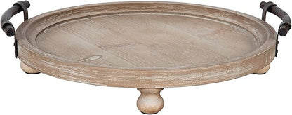 Kate and Laurel Bruillet Round Wooden Footed Tray with Handles, 15 inch Diameter, Rustic Finish