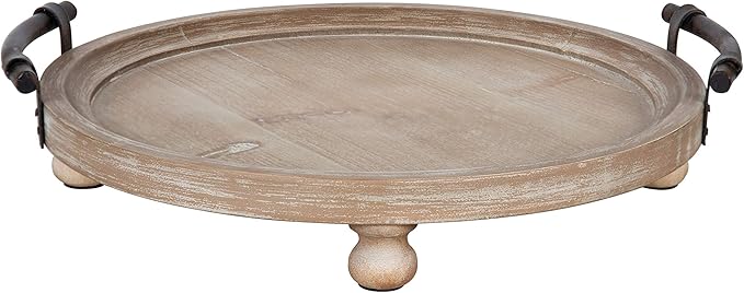 Kate and Laurel Bruillet Round Wooden Footed Tray with Handles, 15 inch Diameter, Rustic Finish