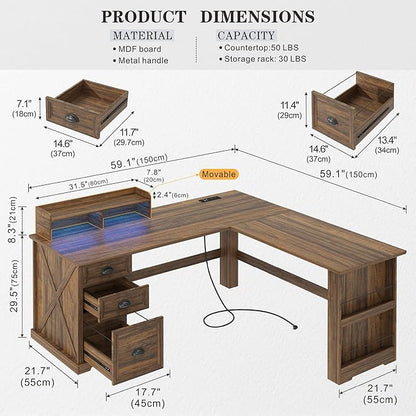 FREDEES L Shaped Desk with Movable Stand and Led Lights, 59 inch Farmhouse Home Office Desk with File Drawer, Corner Computer Desk with Power Outlets, Executive Desk for Working,Gaming, Walnut