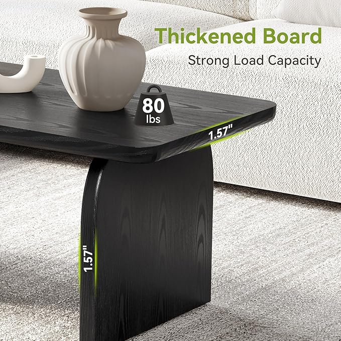 LITTLE TREE Farmhouse Coffee Table, 47 Inches Wooden Center Tables with Rounded Corners, Rectangular Living Room Tables, Modern Low Cocktail Tea Furniture for Living Room (Black)