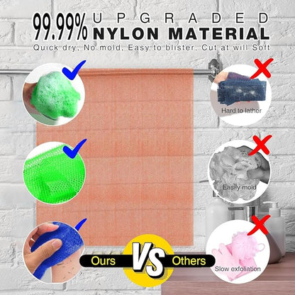 UJFQBH 3 Pieces African Bath Sponge African Net Long Net Bath Sponge Exfoliating Shower Body Scrubber Back Scrubber Skin Smoother,Great for Daily Use (Brown、Blue、Green)