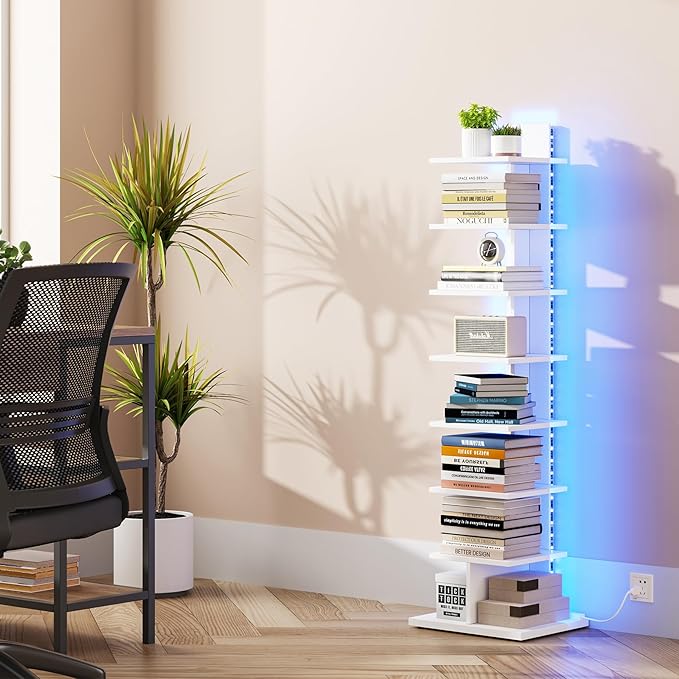 TUTOTAK Narrow Bookshelf, 8-Tier Bookcase with LED Lights, Spine Book Shelf for Small Space, Corner Standing Shelf for Living Room, Office, Study, Entryway, White BS06BW008L