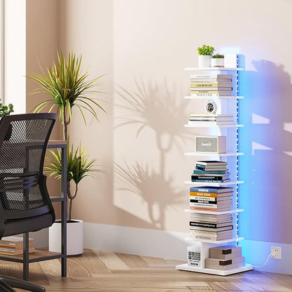 TUTOTAK Narrow Bookshelf, 8-Tier Bookcase with LED Lights, Spine Book Shelf for Small Space, Corner Standing Shelf for Living Room, Office, Study, Entryway, White BS06BW008L