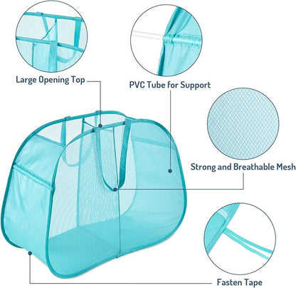 Seiritex Mesh Popup Laundry Hamper 2 Compartment, Collapsible Laundry Sorter Basket Foldable Hamper for Clothes, College Dorm, Travel (Turquoise Blue)