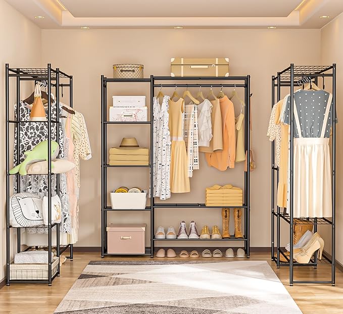 Wardrobe Closet, Portable Clothing Rack for Hanging Clothes, Free Standing Closet Organizers and Storage System with 4 Tiers Shelves for Cloakroom Bedroom, Black