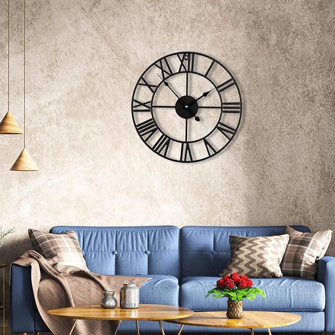 Blorple 16inch/40cm Wall Clocks Battery Operated,Wall Clocks for Living Room Decor, Bedroom,Office,Bathroom,Silent,Large Wall Clock for Home and Kitchen,Farmhouse (Iron Roman Numerals, 16 inches)