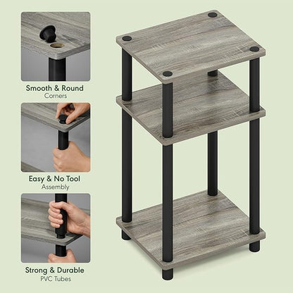 Furinno Turn-N-Tube Side Table, 3-Tier End Table with Open Shelf, Toolless Assembly Night Stand, Bedside Table, for Living Room, Bedroom, Grey Oak