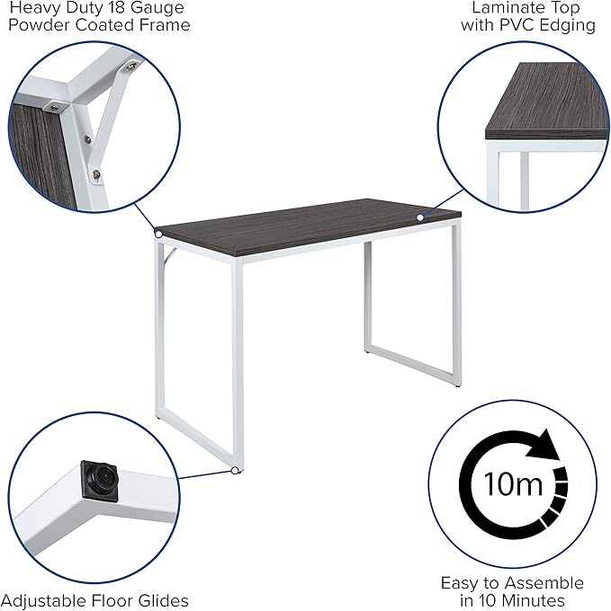 EMMA + OLIVER Industrial Modern Desk-47"L Commercial Grade Home Office Desk-Rustic Gray/White