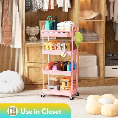 SUNALLY Makeup Cart Organizer with Drawers, 4 Tier Floor Skincare Organizers for Vanity, Rolling Makeup Bathroom Storage Cart Cosmetics Display Cases for Skin Care Perfume Nail Polish, Pink