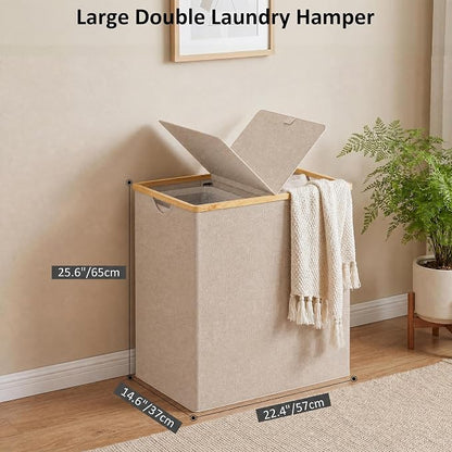 efluky Laundry Hamper with Lid, Double Laundry Basket with 2 Removable Bags, 2 Section Laundry Bin with Bamboo Handles for Bathroom, Bedroom & Laundry Room, 140L (36.9 Gallon) Oat