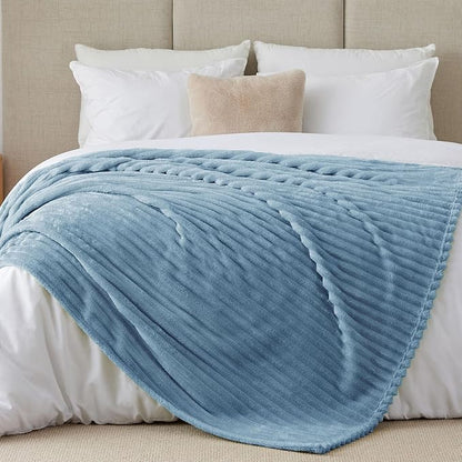 BEDELITE Full Size Blanket for Bed, 300GSM Soft & Warm Fleece Light Blue Blanket, Decorative and Giftable Striped Blankets for Women, Men, 84"x90"
