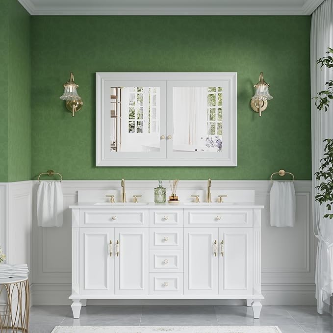 WELLFOR 48"x 32" Bathroom Medicine Cabinet with Dual Mirrors, Recessed Wood Medicine Cabinet with 6-Tier Adjustable Glass Shelves and Soft-Close Door