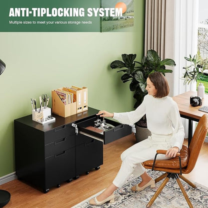 Letaya 3 Drawer Mobile File Cabinet with Lock,Under Desk Metal Small Filing Cabinets for Home Office Organizer Letters/Legal/A4(Fully Assembled Except Wheels-Black)
