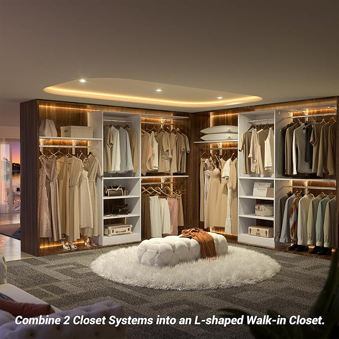 Armocity 96'' Closet System, 8FT Walk In Closet Organizer with 3 Shelving Towers, Heavy Duty Bedroom Wardrobe with 5 Shelves, Wall Mounted Clothes Rack (Can Be Cut To Fit), 96"L x 16"W x 75"H, White