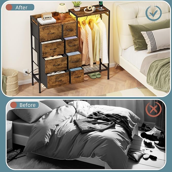 Dresser with Hanging Rack, 8-Drawer Dresser for Bedroom with Charging Station & LED Lights, Kids Dressers with Shoe Rack, Rustic Brown, 11.8" D x 42" W x 42.7" H (8 Drawers)