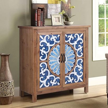 Sophia & William 2-Door Accent Cabinet, Distressed Decorative Storage Cabinet with Wood Frame and Blue and White Floral Pattern for Entryway Hallway Lvinig Room