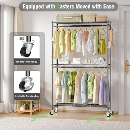 Rolling Clothes Rack for Hanging Clothes, 47.2"x 11.8"x 79" Large Capacity Garment Rack with Double Rods & 3 Wire Shelves, Portable Closet with Wheels for Bedroom, Laundry, Balcony (Black)