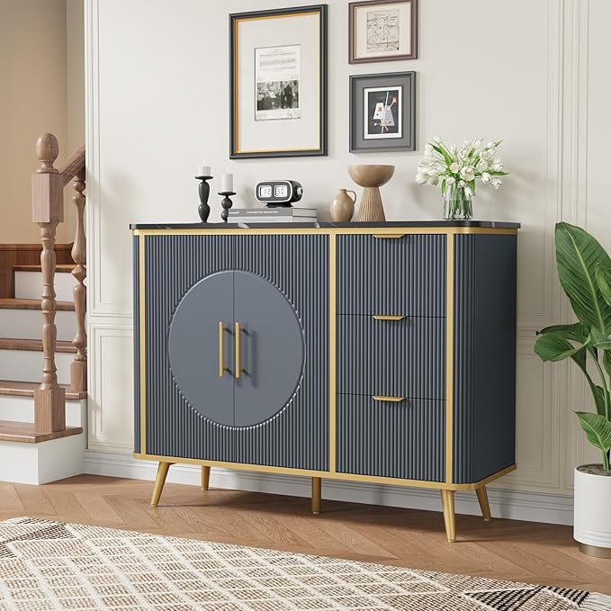 47.3" Modern Buffet Cabinet with Storage, Kitchen Sideboard Buffet with 2 Door & 3 Drawers, Fluted Caffee Bar Storage Cabinet for Dining Room, Living Room, Entryway, Navy Blue