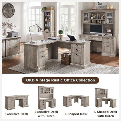 OKD 60" Executive Desk with Hutch and Drawers, Farmhouse Home Office Desk with Charging Station, Keyboard Tray, File Cabinet Storage, Wood Computer Desk for Work and Study, Light Rustic Oak