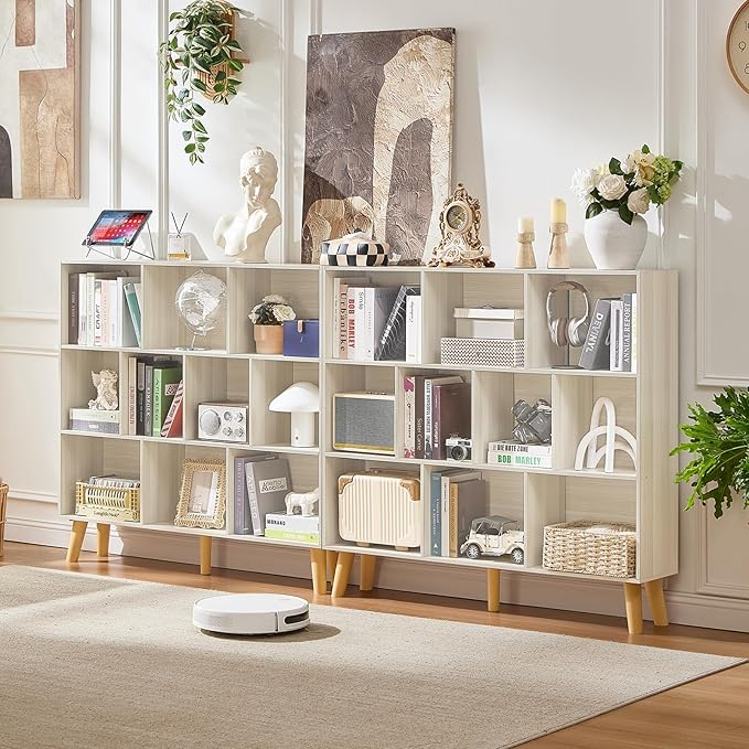 LEYAOYAO 10 Cube Bookshelf,3 Tier Modern Wide Bookcase with Legs,Mid-Century Wood Bookshelves Storage，Light Grey White Large Book Case,Freestanding Organizer Display Shelf for Living Room,Office