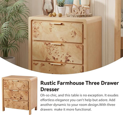 COZAYH Set of 2 Burl Finish 3 Drawer Nightstand, Wood Rustic Farmhouse Dresser, Vintage Accent Storage Bedside Table for Bedroom Entryway, Fully Assembled, Natural
