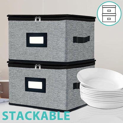 homyfort China Storage Containers - Dinner Plate Storage with Lid, Handles, Hard Shell Dinnerware Protectors for Moving Bowls, Saucer, Padded Protective Storage, 12x12, 2 Pack