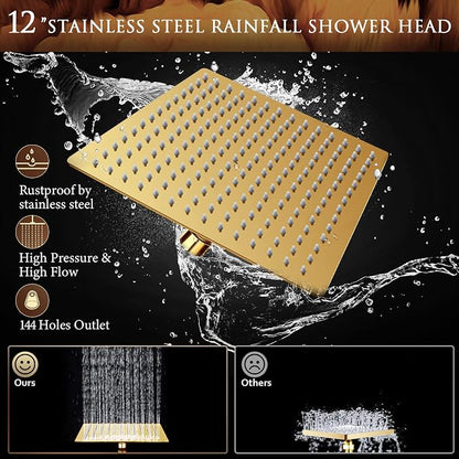 12'' Shower Head with Handheld, High Pressure Rainfall Shower Head Combo with 11'' Adjustable Extension Arm, 5 Setting Hand Held Shower Head with 60 Inch Shower Hose. Anti-Leak (Gold)