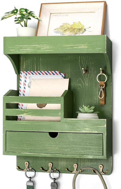 Rebee Vision Pine Wood Key Holder Wall Mount with Small Drawer Organizer - Farmhouse Key Holder for Wall with 6 Sturdy Hooks & Floating Shelf - Perfect for Room Decor (Green)
