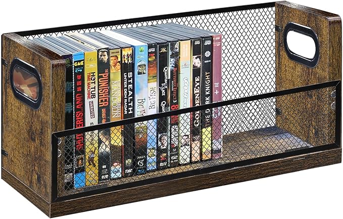 DVD CD Storage Rack, DVD Shelf Holds 28 DVD Cases, Stackable Wood & Metal DVD Tower with Magnetic Opening Door for Easy Access, Desktop Organizer for Blu ray, Video Game, VHS Tapes