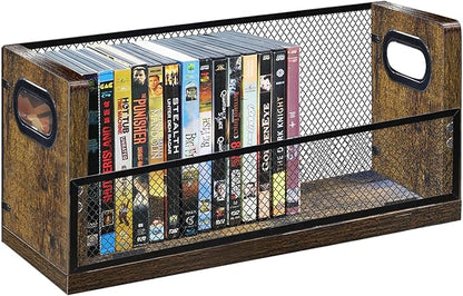 DVD CD Storage Rack, DVD Shelf Holds 28 DVD Cases, Stackable Wood & Metal DVD Tower with Magnetic Opening Door for Easy Access, Desktop Organizer for Blu ray, Video Game, VHS Tapes