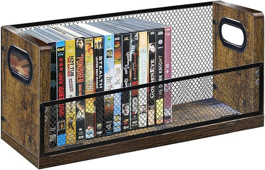 DVD CD Storage Rack, DVD Shelf Holds 28 DVD Cases, Stackable Wood & Metal DVD Tower with Magnetic Opening Door for Easy Access, Desktop Organizer for Blu ray, Video Game, VHS Tapes