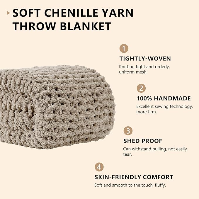 L'AGRATY Chunky Knit Blanket Throw: 60''x80'' Chenille Chunky Knitted Throw Blankets for Bed Couch - Handmade Thick Big Cable Knit Blanket - Large Crochet Rope Blankets for Home Decor(Light Linen)