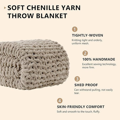 L'AGRATY Chunky Knit Blanket Throw: 60''x80'' Chenille Chunky Knitted Throw Blankets for Bed Couch - Handmade Thick Big Cable Knit Blanket - Large Crochet Rope Blankets for Home Decor(Light Linen)