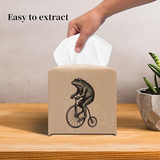 Grace Yonks Retro Tissue Box Cover Square - Frog on Penny-Farthing Design 5.2" PU Leather Holder for Vanity, Desk, or Bathroom Counter - Cube Case for Facial Tissues. (116)