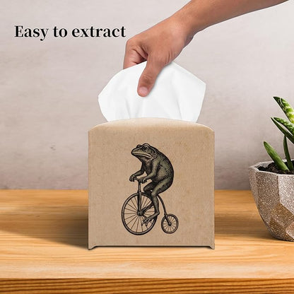 Grace Yonks Retro Tissue Box Cover Square - Frog on Penny-Farthing Design 5.2" PU Leather Holder for Vanity, Desk, or Bathroom Counter - Cube Case for Facial Tissues. (116)