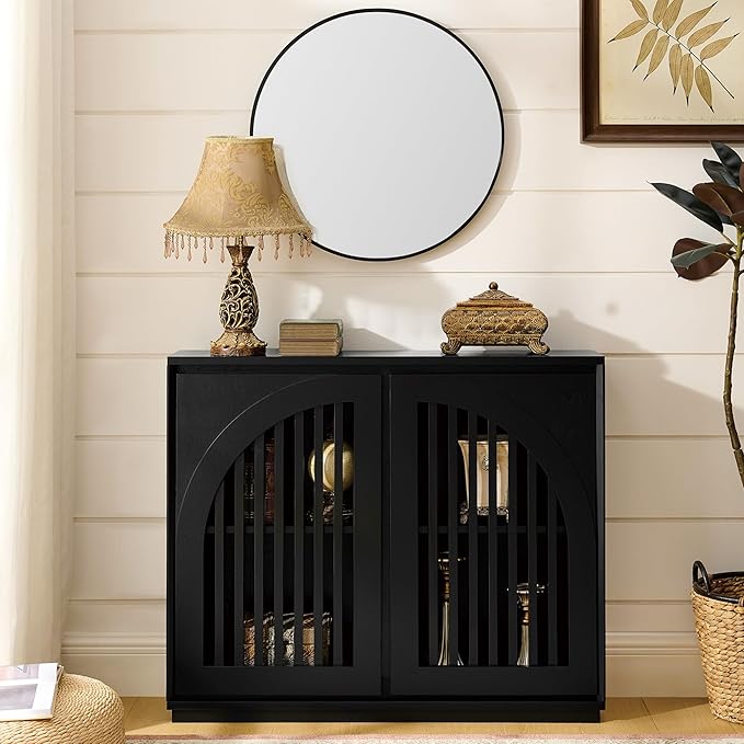 LKTART Sideboard Buffet Cabinet with Storage, Mid Century Modern Credenza with Arch Doors & Shelves, Wood Coffee Bar Media Console Table for Kitchen, Living Room, Entryway-Black