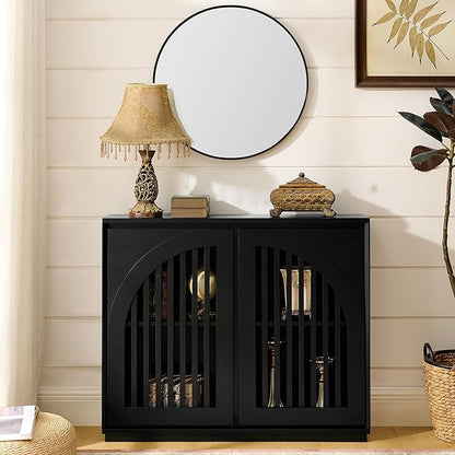 LKTART Sideboard Buffet Cabinet with Storage, Mid Century Modern Credenza with Arch Doors & Shelves, Wood Coffee Bar Media Console Table for Kitchen, Living Room, Entryway-Black