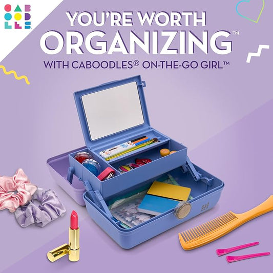 Caboodles On-The-Go Girl Makeup Box, Two-Tone Lavender on Blue, Hard Plastic Makeup Organizer Box, Built-In Mirror, Secure Latch for Safe Travel, Spacious Storage for Large Items