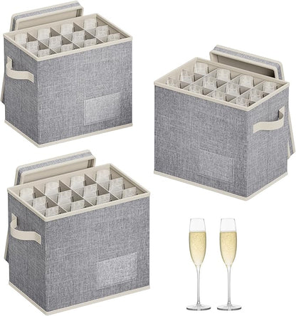 Lifewit 3 Pcs Champagne Flute Storage Box with Dividers, Stackable Cationic Hard Shell Stemware Organizer with 36 Cells, Foldable Dustproof China Containers for Moving, Light Grey