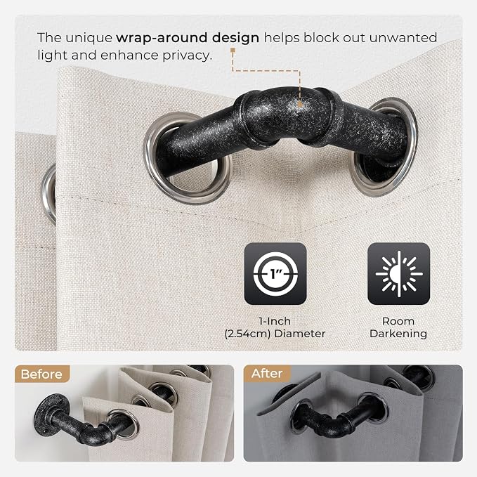 Zeerobee Curtain Rods for Windows 32 to 48, 1 Inch Industrial Wrap Around Vintage Black Curtain Rod, Indoor/Outdoor Room Divider Adjustable Drapery Pole, 32"-48"