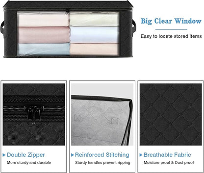 HomeHacks 6-Pack Clothes Organizer Storage Bags Foldable Storage Box with Large Clear Window Sturdy Handles for Closet, Dorm, Pillows, Bedding, Clothes, Stuffed Toys, Blankets, 35L, Black