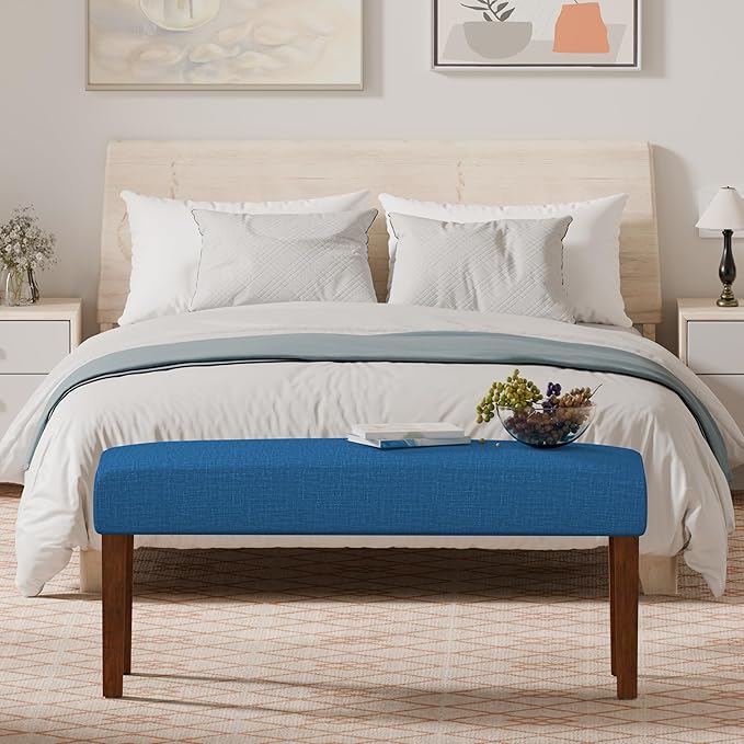 44" Bedroom Bench, Fabric End of Bed Bench, Entryway Benches, Upholstered Ottoman Bench with Wood Legs for Kitchen, Indoor, Living Room and Hallway (Blue)